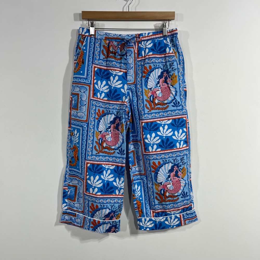Printfresh Mermaid Queen Blue Organic Cotton Pajama Crop Pants Womens Small Boho